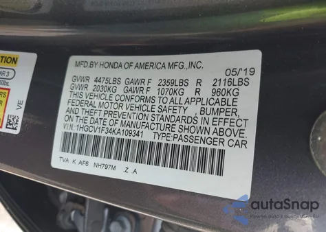 2019 Honda Accord Sport from USA, damaged, VIN 1HGCV1F34KA109341